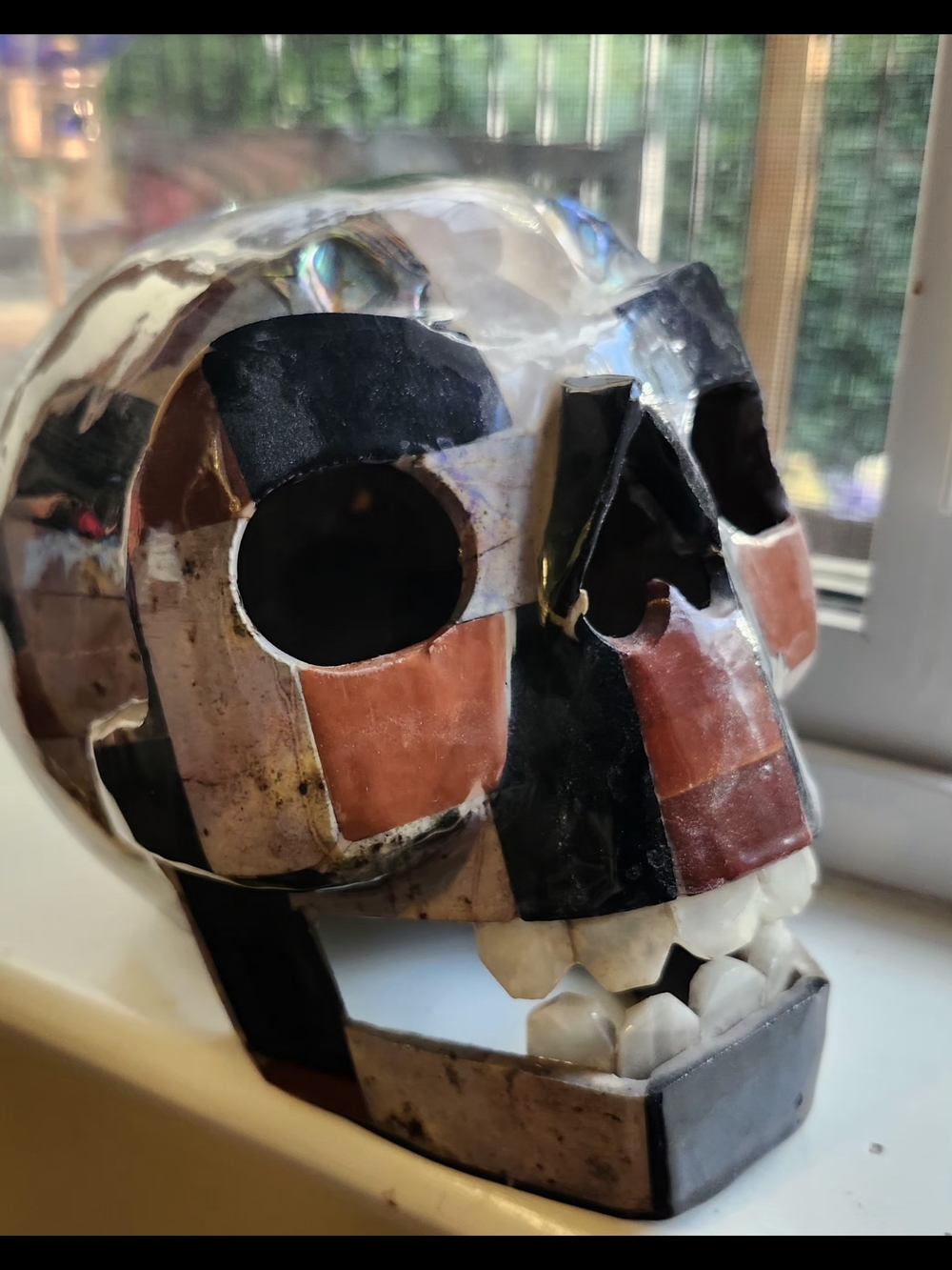 Decorative Mosaic Skull Sculpture - Black & Terracotta